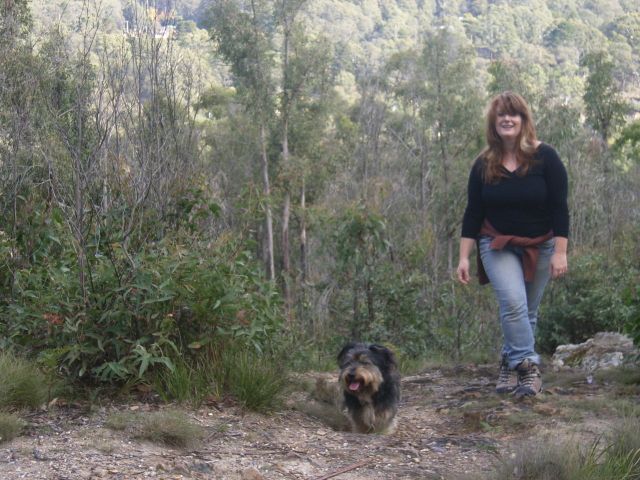 Genevieve walks Buster